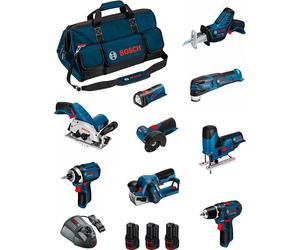 BOSCH Kit BMKB9-28DD3 (GSR12V-15+GDR12V-105+GKS12V-26+GWS12V-76+GST12V-70+GOP12V-28+GSA12V-14+GLI12V-80+GHO12V-20+3x2,0Ah...)