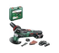 Bosch outil multifonctions sans fil AdvancedMulti 18 (Batterie, chargeur, plateau de ponçage triangulaire, feuilles abrasives, 2 lames de scie, poignée supplémentaire, coffret, système 18V, 2,5 Ah)