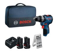Perceuse-visseuse sans fil GSB12V-31, comprenant 2 batteries GBA, un jeu de forets et de tournevis, et une sacoche à outils