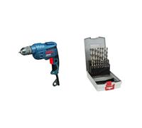 Bosch Professional 0601473600 GBM 10 RE Perceuse, 600 W, Bleu + 19 pièces Jeu de forets à métaux ProBox HSS-G (rectifié, accessoires de perceuse-visseuse et de support de perçage) Argent