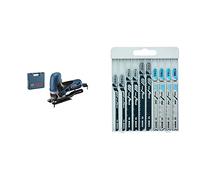 Bosch Professional 060158G000 Scie Sauteuse GST 90 E (650 W, 1 Lame, Pare-éclats) Bleu & Assortiment de lames de scie sauteuse Basic pour métal et bois 10 pièces 2607010630