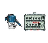 Bosch Professional 0601626000 Défonceuse GOF CE 1250 W 10000-24000 tours/min + 15 pièces Kit de Fraises Mixtes (pour Bois, Ø 8 mm Queue, Accessoires pour Défonceuses Portatives, Affleureuses)