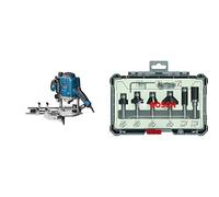 Bosch Professional 0601626000 Défonceuse GOF CE 1250 W 10000-24000 tours/min + 6 pièces Kit de Fraises à Araser et de Bordage (pour bois, Ø 8 mm Queue, Accessoires de Fraises d'Encastrement)