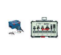 Bosch Professional 0601626001 Défonceuse GOF CE 1250 W 10000-24000 tours/min + 6 pièces Kit de Fraises à Araser et de Bordage (pour bois, Ø 8 mm Queue, Accessoires de Fraises d'Encastrement)