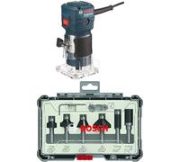 BOSCH Professional 06016A0020 Affleureuse 5mm 550W-GKF 500 + 6 pièces Kit de Fraises à Araser et de Bordage (pour bois, Ø 8 mm Queue, Accessoires de Fraises d'Encastrement)
