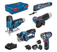 Bosch Professional 12V System combi-kit : GSR 12V-15 FC (+ 4 adaptateurs) + GHO 12V-20 + GWS 12V-76 + GST 12V-70 + GOP 12V-28 (avec 2 batteries 2,0 Ah, 3,0 Ah, chargeur GAL 12V-40, XL-BOXX)