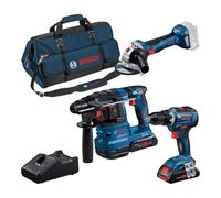 Bosch Professional 18V System combi-kit : Perceuse-visseuse GSR 18V-55 + meuleuse angulaire GWS 18V-7 + perforateur GBH 18V-22 (avec 2 batteries ProCORE 4,0 Ah, chargeur rapide GAL 18V-40, sacoche)