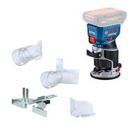 Bosch Professional 18V System Défonceuse portative GKF 18V-8 (butée longitudinale, 2x adaptateurs d’aspiration pour surfaçage, écran de protection, pince 8 mm, clé, sans batterie/chargeur)
