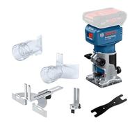 Bosch Professional 18V System Défonceuse portative GLF 18V-8 (butée longitudinale, adapt. aspiration surfaçage, adapt. aspiration fraisage, galet de guidage, pince 8 mm, clé, sans batterie/chargeur)