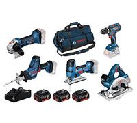 Bosch Professional 18V System perceuse-visseuse GSR 18V-28+scie sauteuse GST 18V-LI S+meuleuse GWS 18-125V-LI+scie circulaire GKS 18V-LI+scie sabre GSA 18V-LI C (+3 batteries 4,0Ah, chargeur, sacoche)