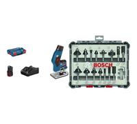 Bosch Professional Affleureuse sans Fil, Bleu/Noir, 2 x 3.0 Ah batteries plus chargeur plus tête de fraisage 8 mm + 15 pièces Kit de Fraises Mixtes (pour Bois, Ø 8 mm Queue, Accessoires)