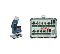 Bosch Professional Affleureuse sans Fil GKF, Bleu/Noir, Seul, Avec broche de fraisage 8 mm + 15 pièces Kit de Fraises Mixtes (pour Bois, Ø 8 mm Queue, Accessoires)