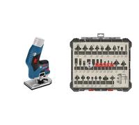 Bosch Professional Affleureuse sans Fil GKF, Bleu/Noir, Seul, Avec broche de fraisage 8 mm + 30 pièces Kit de Fraises Mixtes (pour bois, Ø 8 mm Queue, Accessoires de Fraises d'Encastrement)