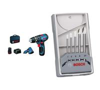 Bosch Professional GSB 12V-15 Perceuse-visseuse 2x2,0 Ah L-BOXX, Bleu + 5 pièces Jeu de forets pour carrelage Set CYL-9 SoftCeramic (pour les carreaux de céramique tendres, Ø 4-10 mm)
