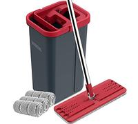 BOSHENG Ensemble Balai et Seau Mains Libres avec 3 tampons lavables, système de Nettoyage pour sols humides/secs, Rouge/Noir
