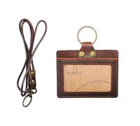 Boshiho Porte-badge en cuir de vache avec cordon tour de cou, porte-cartes de crédit de style horizontal pour le bureau, les étudiants, les entreprises (marron foncé)