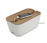 Bosign CableBox Boîte de rangement pour Câble - Taille M 30 x 18 x 13,8 cm - Boîte blanche avec couvercle décor bois naturel, Plastique ignifuge, Pieds antidérapants en silicone
