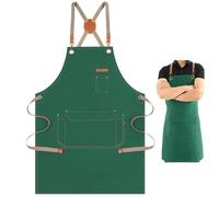 BOSREROY Tablier croisé en toile, ajustable en coton avec bordure en cuir PU et ferrures en laiton, imperméable, poches multiples pour cuisine, peinture, BBQ et jardinage