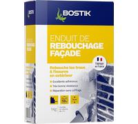 Bostik Enduit de Rebouchage Façade en Poudre - Intérieur/Extérieur - Tous Supports - Rebouchage et Égalisation de Trous et Fissures Jusqu’à 5 cm - Blanc - Boîte 1kg