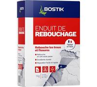 Bostik Enduit de Rebouchage Poudre, Enduit Intérieur pour Reboucher Trous et Fissures jusqu'à 5cm, Tous Supports, Boite Carton de 1kg, Blanc