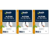 Bostik - Plâtre Fin de Paris - Scellement, Rebouchage, Moulage - Intérieur - Tous Supports - Prise Rapide - Couleur : Blanc - 1 Boîte Carton 1 kg (Lot de 3)