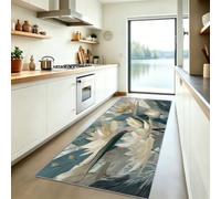 Botanique Feuilles Tapis de Couloir Lavable en Machine, Floral Lignes de Feuilles Tapis Poil Ras, Beige Moquette Antidérapant Doux pour Entrée Cuisine Chambre Salon, 60x240 cm