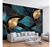 Botanique Tropicale Papier Peint Panoramique 450L x 315H cm, Art de Luxe Bleu Foncé Feuille Fresque Murale Papier Peint - Intérieure Poster Tableaux pour Salon Chambre à Coucher Salle de Jeu Maison