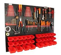botle® Panneau perforé métallique, bacs empilables + étagère murale + porte-outils, lot de 59 pièces, rangement pour petites pièces, atelier mural avec 32 bacs empilables rouges, étagère suspendue, ét