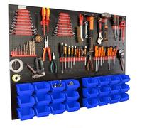 botle® Panneau perforé métallique, bacs empilables + étagère murale + porte-outils, lot de 51 pièces, rangement pour petites pièces, atelier mural avec 24 bacs bleus empilables, étagère suspendue, éta
