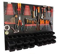 botle® Panneau perforé métallique, bacs empilables + étagère murale + porte-outils, lot de 55 pièces, rangement pour petites pièces, atelier mural avec 28 bacs empilables noirs, étagère suspendue, éta