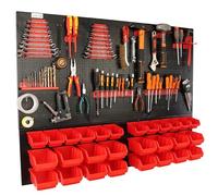 botle® Panneau perforé métallique, bacs empilables + étagère murale + porte-outils, lot de 55 pièces, rangement pour petites pièces, atelier mural avec 28 bacs empilables rouges, étagère suspendue, ét