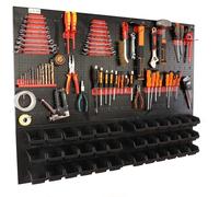 botle Panneau à Outils Mural perforé en métal, boîtes empilables + étagère Murale + Porte-Outils, Lot de 63 pièces, pour Petites pièces, Atelier Mural avec 36 récipients empilables Noirs, étagère