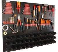 botle® Panneau perforé métallique, bacs empilables + étagère murale + porte-outils, ensemble 63 pièces, rangement pour petites pièces, atelier mural avec 36 bacs empilables noirs, étagère suspendue, é