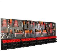 botle® Panneau perforé métallique, bacs empilables + étagère murale + porte-outils, lot de 110 pièces, rangement pour petites pièces, atelier mural avec 56 bacs empilables rouges et noirs, étagère sus