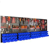 botle® Panneau perforé métallique, bacs empilables + étagère murale + porte-outils, lot de 110 pièces, rangement pour petites pièces, atelier mural avec 56 bacs bleus empilables, étagère suspendue, ét