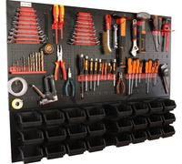 botle® Panneau perforé métallique, bacs empilables + étagère murale + porte-outils, lot de 51 pièces, rangement pour petites pièces, atelier mural avec 24 bacs empilables noirs, étagère suspendue, éta