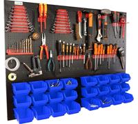 botle® Panneau perforé métallique, bacs empilables + étagère murale + porte-outils, lot de 51 pièces, rangement pour petites pièces, atelier mural avec 24 bacs empilables bleus de 2 tailles différente