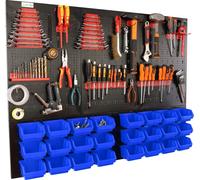 botle® Panneau perforé métallique, bacs empilables + étagère murale + porte-outils, lot de 51 pièces, rangement pour petites pièces, atelier mural avec 24 bacs bleus empilables, étagère suspendue, éta