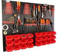 botle® Panneau perforé métallique, bacs empilables + étagère murale + porte-outils, lot de 51 pièces, rangement pour petites pièces, atelier mural avec 24 bacs empilables rouges, étagère suspendue, ét