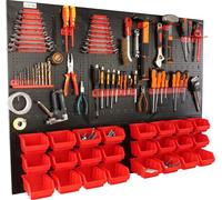 botle® Panneau perforé métallique, bacs empilables + étagère murale + porte-outils, lot de 51 pièces, rangement pour petites pièces, atelier mural avec 24 bacs empilables rouges de 2 tailles différent