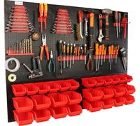 botle® Panneau perforé métallique, bacs empilables + étagère murale + porte-outils, lot de 55 pièces, rangement pour petites pièces, atelier mural avec 28 bacs empilables rouges, étagère suspendue, ét