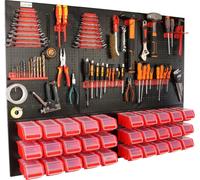 botle® Panneau perforé métallique, bacs empilables + étagère murale + porte-outils, lot de 57 pièces, rangement pour petites pièces, atelier mural avec 30 bacs empilables, étagère suspendue, étagère d