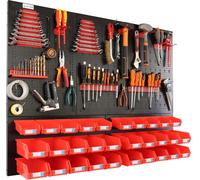 botle® Panneau perforé métallique, bacs empilables + étagère murale + porte-outils, lot de 57 pièces, rangement pour petites pièces, atelier mural avec 30 bacs empilables rouges, étagère suspendue, ét