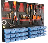 botle® Panneau perforé métallique, bacs empilables + étagère murale + porte-outils, lot de 57 pièces, rangement pour petites pièces, atelier mural avec 30 bacs empilables, étagère suspendue, étagère d