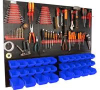 botle® Panneau perforé métallique, bacs empilables + étagère murale + porte-outils, lot de 59 pièces, rangement pour petites pièces, atelier mural avec 32 bacs bleus empilables, étagère suspendue, éta