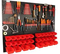 botle® Panneau perforé métallique, bacs empilables + étagère murale + porte-outils, lot de 59 pièces, rangement pour petites pièces, atelier mural avec 32 bacs empilables rouges, étagère suspendue, ét