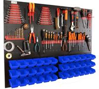 botle® Panneau perforé métallique, bacs empilables + étagère murale + porte-outils, lot de 63 pièces, rangement pour petites pièces, atelier mural avec 36 bacs bleus empilables, étagère suspendue, éta