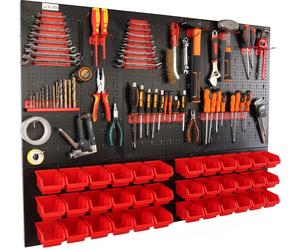 botle® Panneau perforé métallique, bacs empilables + étagère murale + porte-outils, lot de 63 pièces, rangement pour petites pièces, atelier mural avec 36 bacs empilables rouges, étagère suspendue, ét