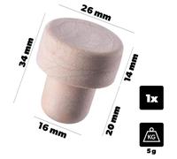Bouchon synthétique pour bouteilles - Bouchon en forme de champignon pour bouteilles - Diamètre de 1,6 cm - Plastique - Conforme aux normes alimentaires - 1 pièce - Marron