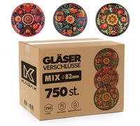 Bouchons à vis KADAX, diamètre 82 mm, lot de 750 pièces, bouchons à visser en métal, bouchons de rechange pour bocaux de conserve, bocaux à confiture, pots à miel et bocaux à vis (motifs floraux color